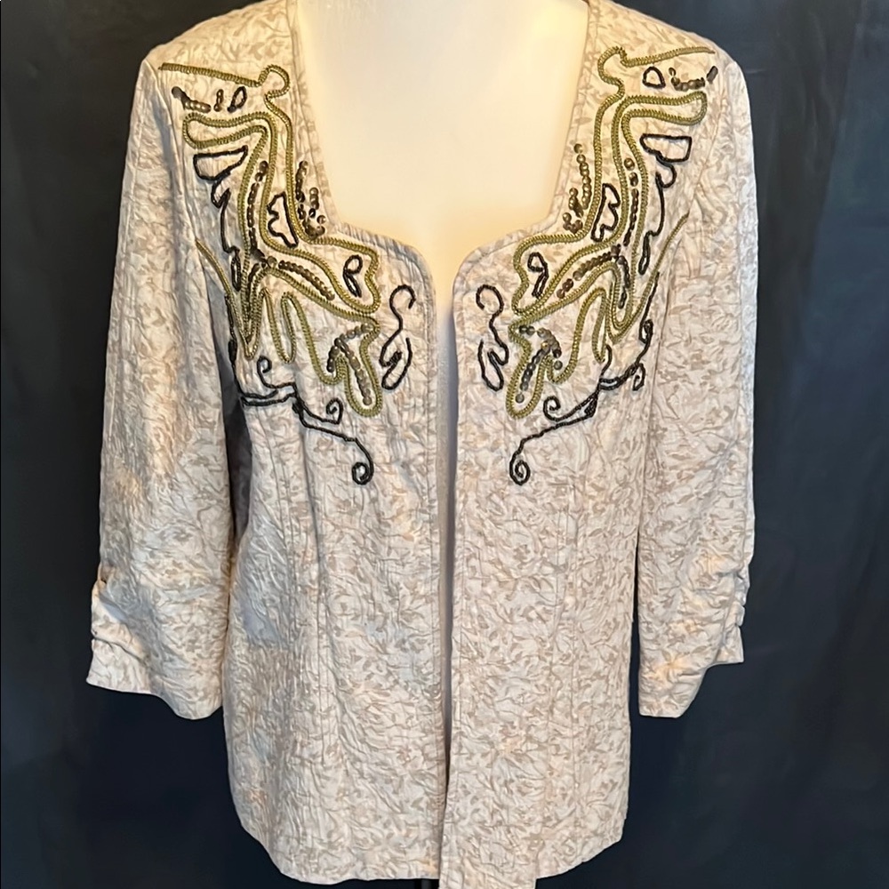 Coldwater Creek Cream and Green Embellished Jacket